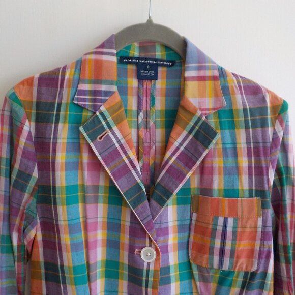 Ralph Lauren Sport Blazer Jacket - Multicolor Plaid Bright Cotton- Size 6  (582) - Picture 4 of 7